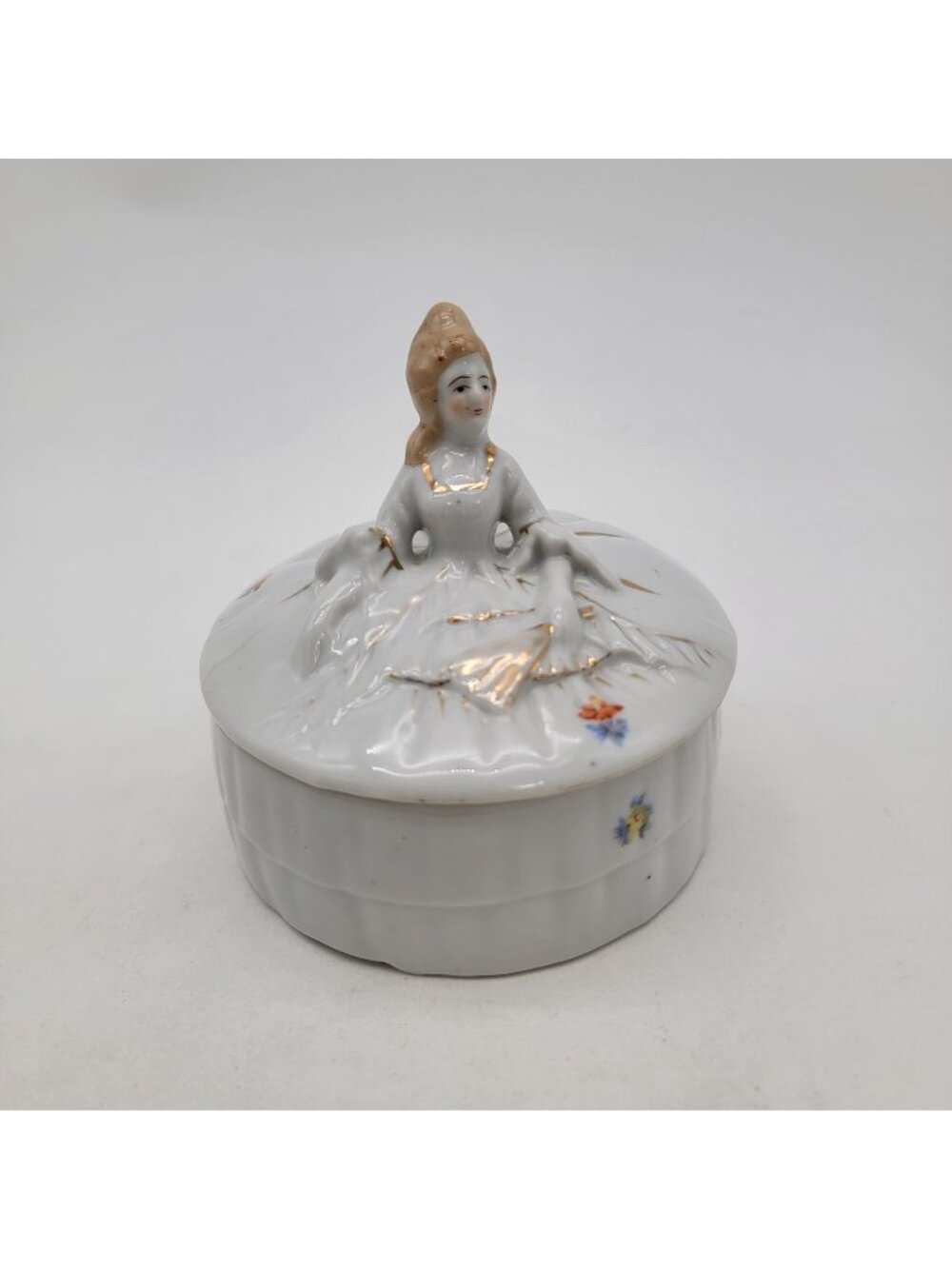 Vintage Japanese Porcelain Victorian Lady Dresser Box With Floral Accents & Gold